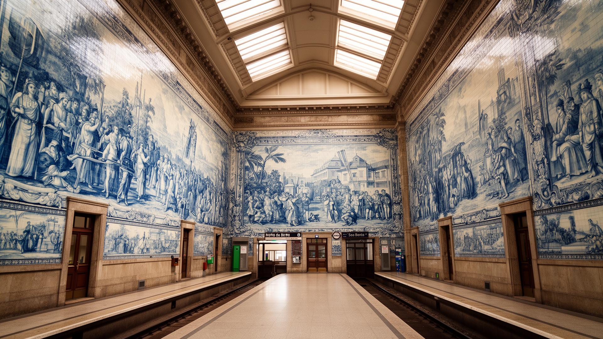 The blue azulejo tile murals inside Porto's São Bento railway station — where the walk begins
